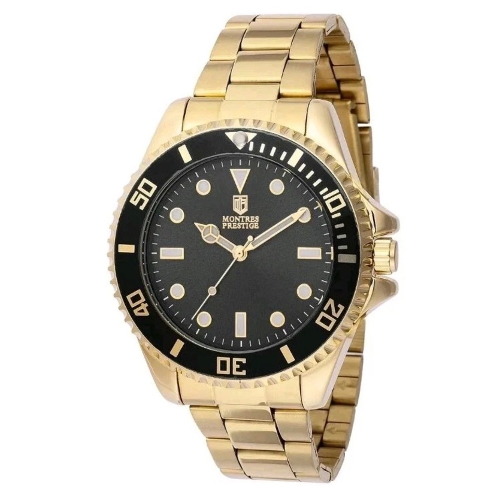 Montres Prestige Mens Gold Tone Diver Watch Black Dial Stainless Steel Bracelet